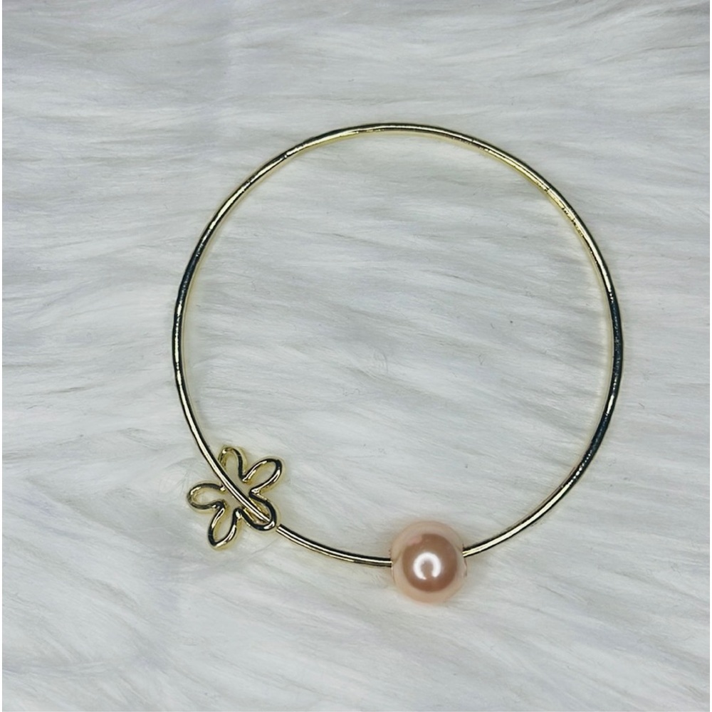 Gold bangle Bracelet with pink pearl and flower charm size 8